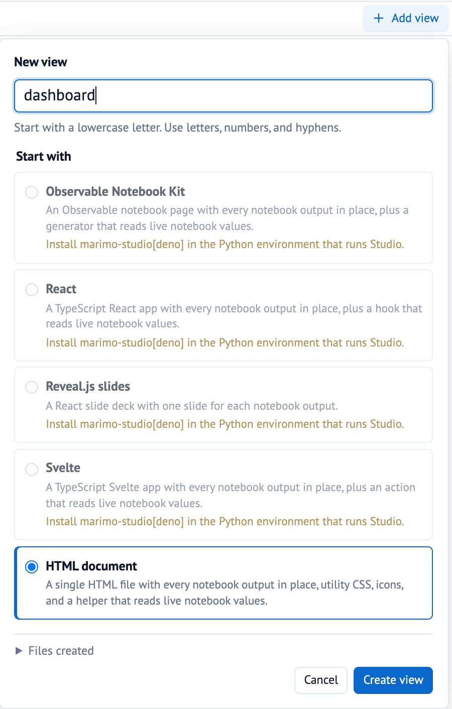 The Add view dialog proposing dashboard with the HTML document starter selected