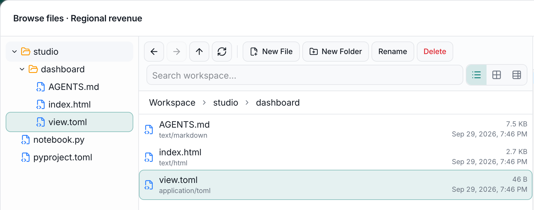 Browse files showing studio/dashboard/view.toml in the notebook workspace