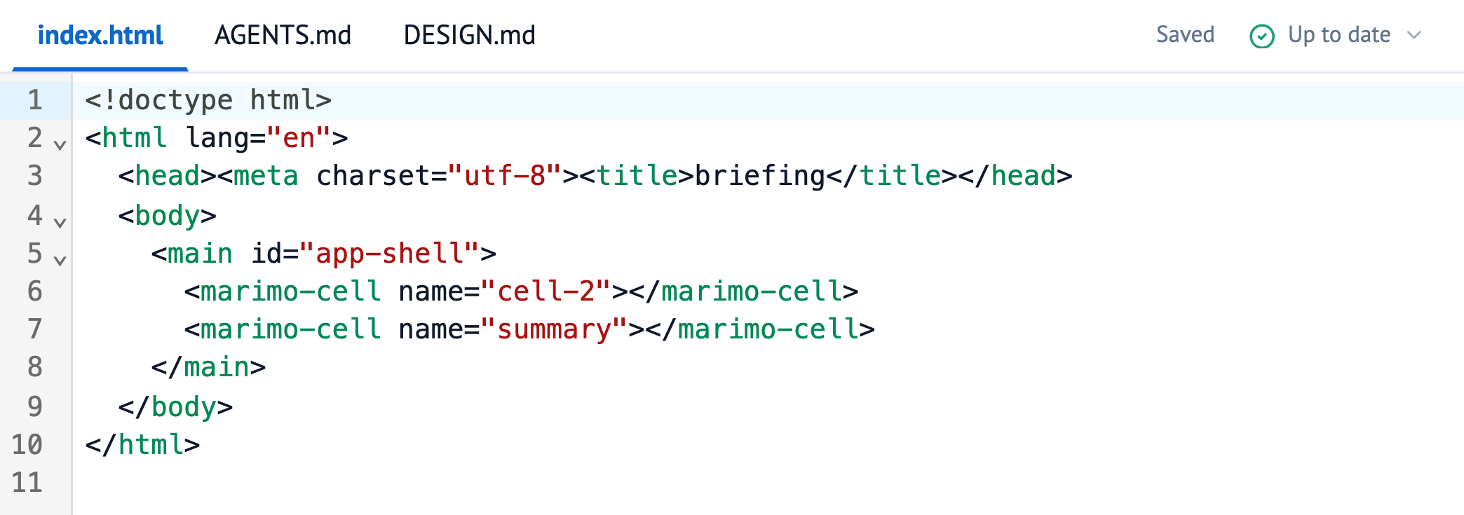 Source panel for the briefing view with index.html, AGENTS.md, and DESIGN.md tabs, showing marimo-cell hosts named cell-2 and summary